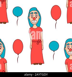 cartoon woman clown in a dress with balloons. stock seamless pattern Stock Vector