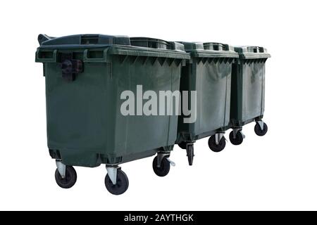 Green trash cans or garbage containers isolated on white background. Stock Photo