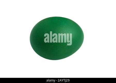 Easter Egg, one green colored chicken egg on white. Stock Photo