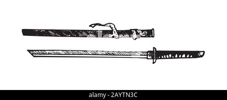 Katana and scabbard (Japanese sword), hand drawn doodle sketch, isolated outline illustration Stock Photo