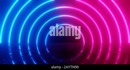 Abstract blue and red glowing neon light circles in empty concrete room with shiny reflective floor - 3D illustration Stock Photo