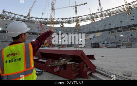 Doha. 16th Feb, 2020. Photo taken on Feb. 16, 2020 shows the inner view of the Lusail Stadium, one of the 2022 FIFA World Cup stadiums, in Lusail, Qatar. The installation of the main steel frame of Lusail Stadium, built by China Railway Construction Corporation (CRCC), completed on Sunday. Credit: Nikku/Xinhua/Alamy Live News Stock Photo