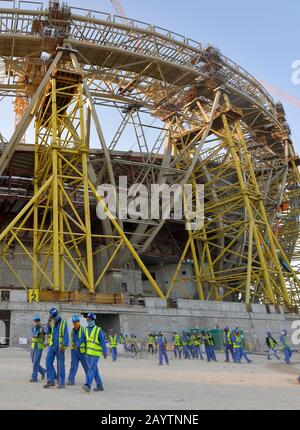 Doha. 16th Feb, 2020. Photo taken on Feb. 16, 2020 shows the general view of the Lusail Stadium, one of the 2022 FIFA World Cup stadiums, in Lusail, Qatar. The installation of the main steel frame of Lusail Stadium, built by China Railway Construction Corporation (CRCC), completed on Sunday. Credit: Nikku/Xinhua/Alamy Live News Stock Photo