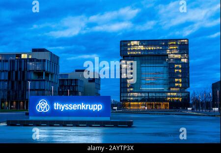 The corporate headquarters of Thyssenkrupp in the ThyssenKrupp Quarter, the cube-shaped main building Q, Essen, NRW, Germany Stock Photo