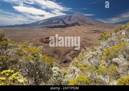 View into the Caldeira of volcano Piton de la Fournaise at island La Reunion Stock Photo