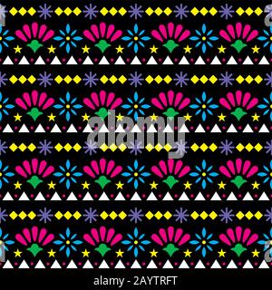 Mexican seamless vector pattern with flowers and abstract shapes - floral, happy textile or wallpaper design on black background Stock Vector