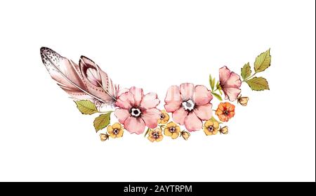Watercolor floral arch. Rustic flowers bouquet: rose hip, briar, leaves, feathers, isolated on white background. Hand painted natural design in Stock Photo