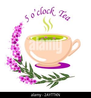 Five o clock tea vector illustration with a cup of tea and some heather plants Stock Vector