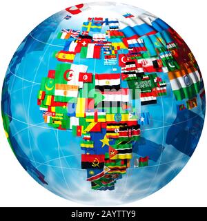 Flags of the world in the shape of a globe. White background. Stock Photo