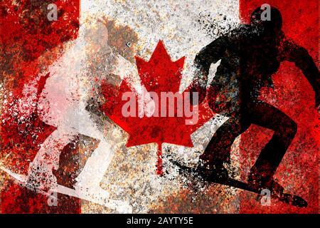 Snowboarder silhouette on a Canada flag on the rusty metal background texture Stock Photo