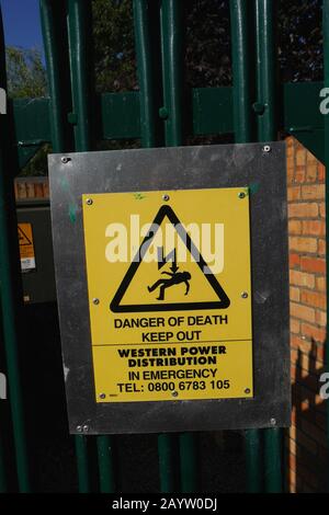 Danger of death sign on an electricity sub station, Rhiwbina, Cardiff, Wales, United Kingdom Stock Photo