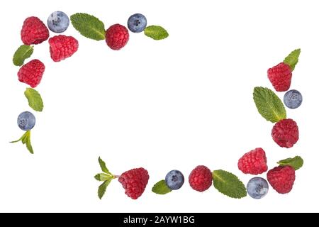 Frame of fresh  berries and mint leaves isolated on white background. Stock Photo