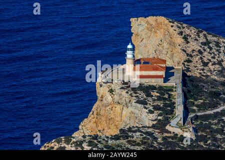 lighthouse Far de Llebeig on Sa Dragonera, 04.01.2020, aerial view, Spain, Balearic Islands, Majorca, Sa Dargonera Stock Photo