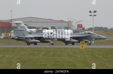 169136 and 169215, two Boeing EA-18G Growlers operated by the United States Navy, at Prestwick International Airport in Ayrshire. Stock Photo