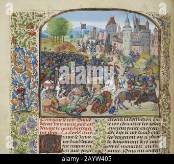 The Battle of Neville's Cross on 17 October 1346 (Miniature from the Grandes Chroniques de France by Jean Froissart). Museum: BIBLIOTHEQUE NATIONALE DE FRANCE. Author: LOYSET LIEDET. Stock Photo