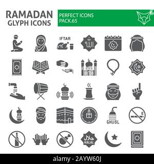 Ramadan glyph icon set, islamic holiday symbols collection, vector sketches, logo illustrations, islam icons, muslim day signs solid pictograms Stock Vector