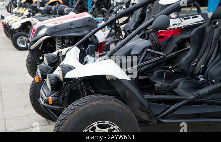 Off Road buggy on the street. Car rentals. Stock Photo