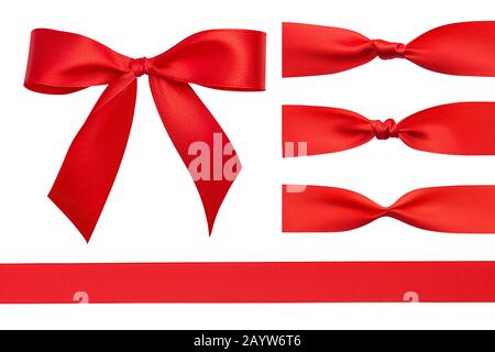 Flat lay design set of red satin perfect ribbon, red simple beautiful handmade bow and three different knots isolated on white background. Stock Photo