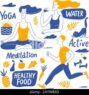 Healthy lifestyle motivational vector design with elements and lettering Stock Vector