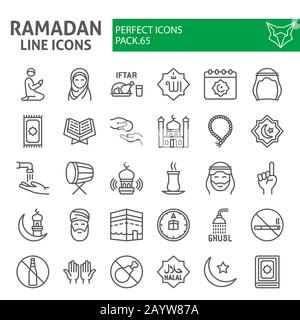 Ramadan line icon set, islamic holiday symbols collection, vector sketches, logo illustrations, islam icons, muslim day signs linear pictograms Stock Vector