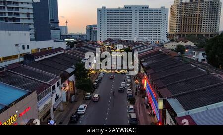 Holiday illumination on the main street of Melaka Raya during Chinese Lunar Year in Melacca, Malaysia. Stock Photo