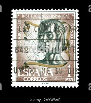 Cancelled postage stamp printed by Spain, that promotes Hispanic Institutions, circa 1963. Stock Photo