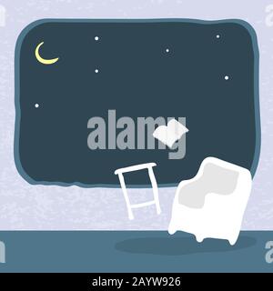 Hand drawn of Coach and moon with little bit light of the lamp interior simple flat design, Vector Illustration Stock Vector