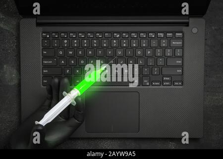 Antivirus Cyberyber Security Concept. Internet Anti Malware Protection Dark Background. Virus Cure. Stock Photo