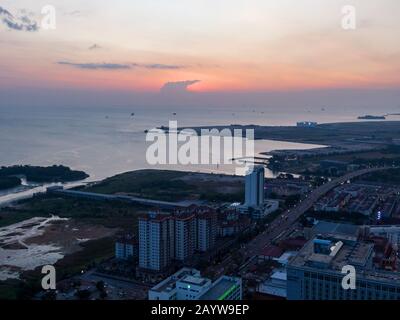 Aerial view of Melaka Straits during sunset in Melacca, Malaysia. Stock Photo