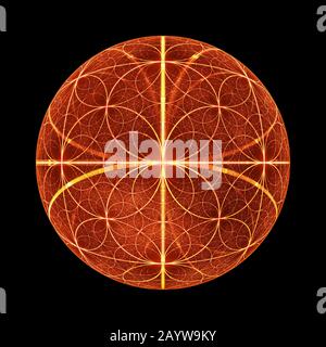 Fiery glowing fibonacci circles ball, computer generated abstract fractal, isolated on black, 3D rendering Stock Photo