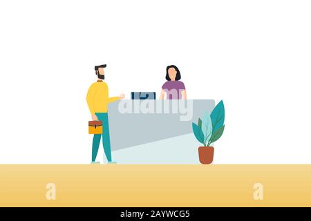 Customer at reception. Young woman receptionist standing at reception desk. Modern vector illustration. Stock Photo