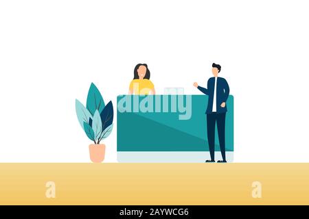 WebCustomer at reception. Young woman receptionist standing at reception desk. Modern vector illustration. Stock Photo