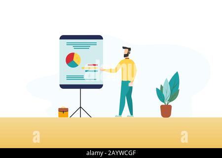 Confident young man standing near flip chart and pointing graph and diagram. Creative business concept. Office interior. Modern vector illustration. F Stock Photo