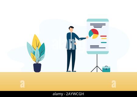 Confident young man standing near flip chart and pointing graph and diagram. Creative business concept. Office interior. Modern vector illustration. F Stock Photo