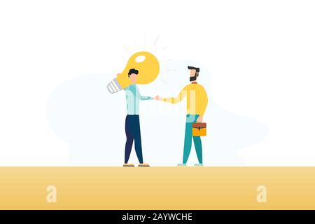 The man is holding a huge light bulb and shaking hands with a businessman with briefcase. Startup and search of investments concept. Business angel in Stock Photo