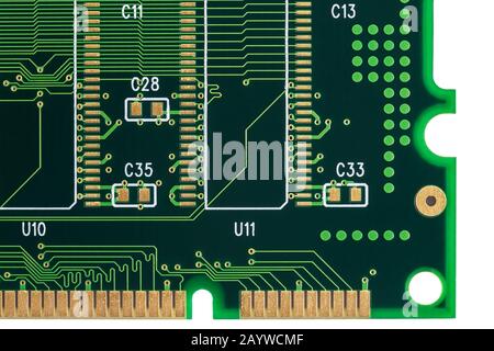 Circuit board of a memory module for a computer, without components, closeup Stock Photo