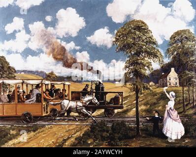 The race on August 28, 1830, between Peter Cooper's diminutive Tom Thumb locomotive and the horse-drawn. Museum: PRIVATE COLLECTION. Author: CARL RAKEMAN. Stock Photo
