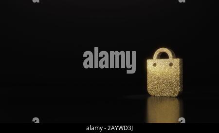 gold glitter symbol of fashion bag 3D rendering on dark black background with blurred reflection with sparkles Stock Photo