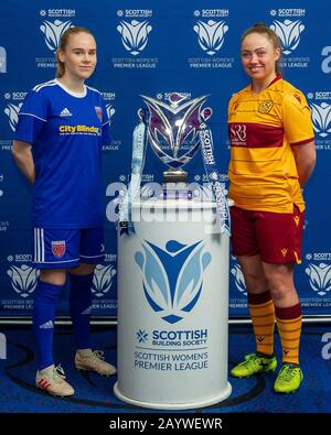 Glasgow, UK. 17th Feb 2020. Magdalena Olafsdottir of Forfar Farmington & Katie Rice of Motherwell LFC during the Scottish Building Society Scottish Women's Premier League Season Launch Event at The National Stadium, Hampden Park, Glasgow, Monday 17th February 2020 | Credit Colin Poultney/Alamy Live News Stock Photo