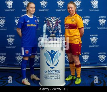 Glasgow, UK. 17th Feb 2020. Magdalena Olafsdottir of Forfar Farmington & Katie Rice of Motherwell LFC during the Scottish Building Society Scottish Women's Premier League Season Launch Event at The National Stadium, Hampden Park, Glasgow, Monday 17th February 2020 | Credit Colin Poultney/Alamy Live News Stock Photo