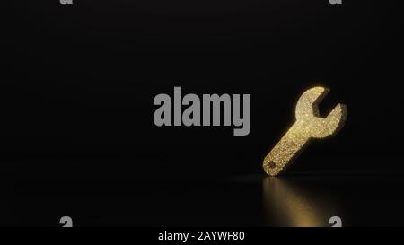 gold glitter symbol of wrench with small hole 3D rendering on dark black background with blurred reflection with sparkles Stock Photo