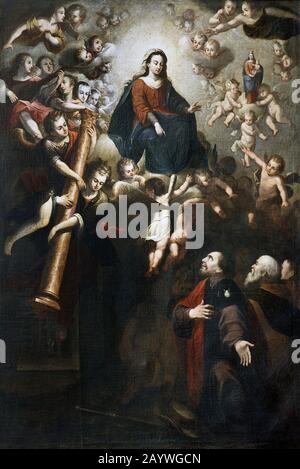 The Coming of Our Lady of the Pillar to Zaragoza. Anonymous painting, 1764. Church of Our Lady the Virgin of the Olive. Ejea de los Caballeros, Zaragoza province, Aragon, Spain. Stock Photo