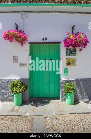 Colorful green door at a white house in Cordoba, Spain Stock Photo