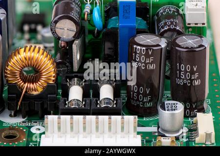 Various electronic components on the electronic board. Close up. Stock Photo