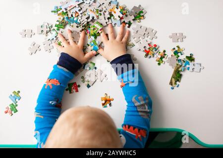 Baby boy solving jigsaw puzzle on the desk, focusing on the hands Stock Photo