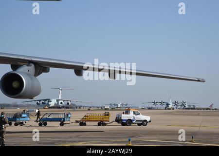 Wuhan, China's Hubei Province. 17th Feb, 2020. A transport aircraft of the People's Liberation Army (PLA) Air Force arrives at Tianhe International Airport in Wuhan, central China's Hubei Province, Feb. 17, 2020. Credit: Jia Qilong/Xinhua/Alamy Live News Stock Photo