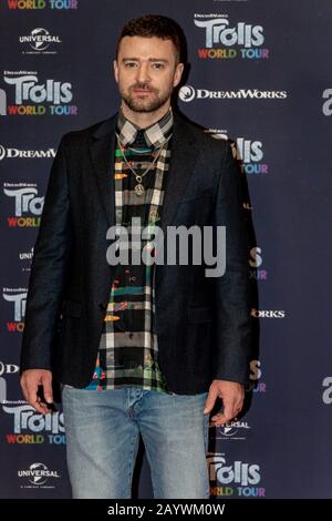 Berlin, Germany. 17th Feb, 2020. 17.02.2020, Justin Timberlake at the photocall for the film Trolls World Tour at the Waldorf Astoria Hotel in Berlin. The new animated film from DreamWorks Animation, distributed by Universal Pictures International Germany, will be launched nationwide on April 23, 2020 in German cinemas. | usage worldwide Credit: dpa picture alliance/Alamy Live News