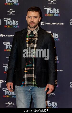 Berlin, Germany. 17th Feb, 2020. 17.02.2020, Justin Timberlake at the photocall for the film Trolls World Tour at the Waldorf Astoria Hotel in Berlin. The new animated film from DreamWorks Animation, distributed by Universal Pictures International Germany, will be launched nationwide on April 23, 2020 in German cinemas. | usage worldwide Credit: dpa picture alliance/Alamy Live News