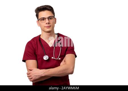 healthcare and medicine concept - young male doctor with stethoscope