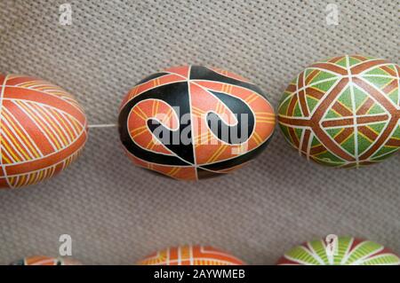 Different Pysankas - decorated eggs. About Easter. Kolomyia. Stock Photo